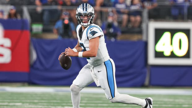 Aug 18, 2023; East Rutherford, New Jersey, USA; Carolina Panthers quarterback Matt Corral (2) scrambles during the second half against the New York Giants at MetLife Stadium. Mandatory Credit: Vincent Carchietta-USA TODAY Sports  